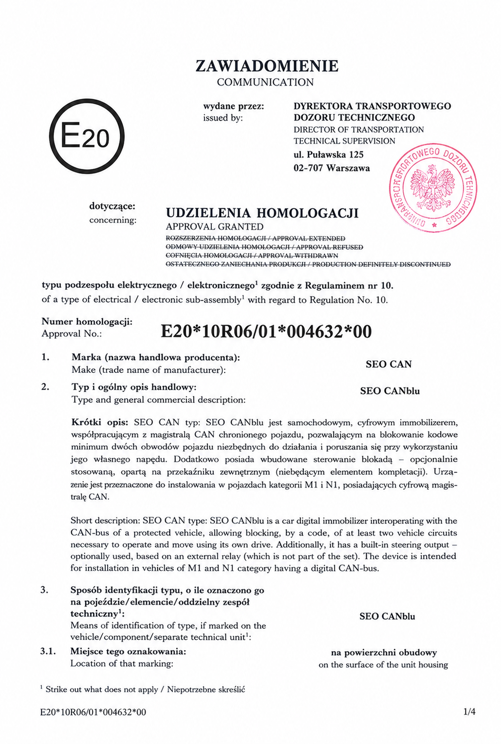 Homologacja E20 SEO CANblu